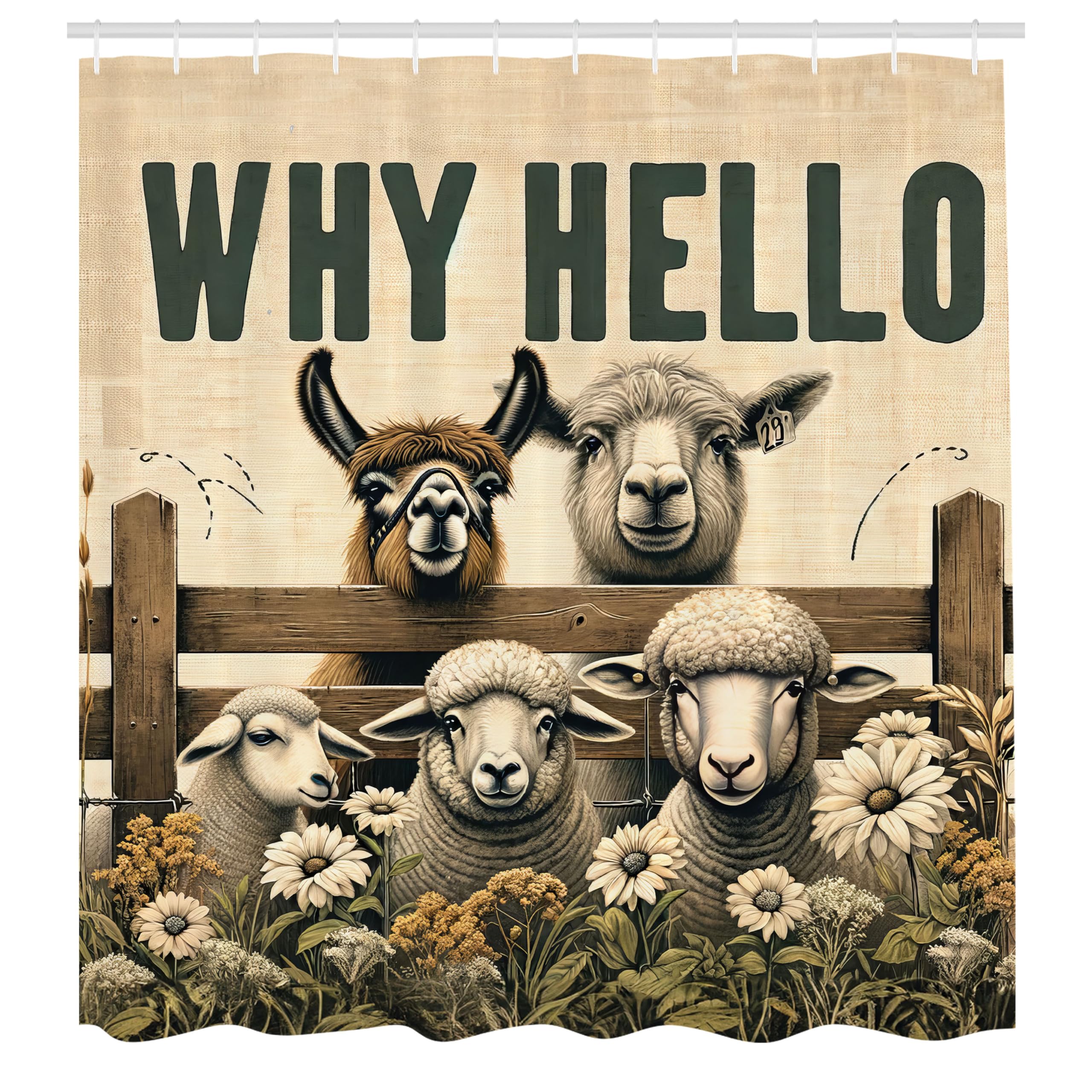Ambesonne Farmhouse Shower Curtain, Why Hello Lettering With Alpaca Cow And Sheep In Meadow Flowers, Cloth Fabric Bathroom Decor